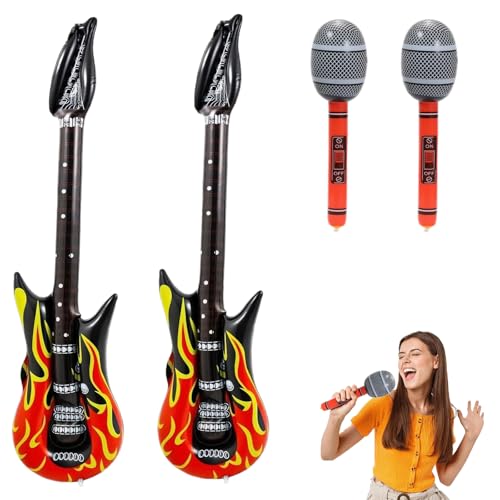 Inflatable Guitar,4 Pcs Blow Up Guitar Inflatable Microphone Punk Rock Star Party Props Set Flame Design Guitars for Adults Kids for Birthday Themed Carnival Party Fancy Dress Accessory