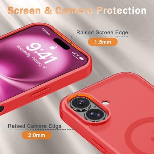 Image of YENAPOON for iPhone 16 Plus Case, Matte Magnetic Phone Cover [with 1 Screen Protector] [Support for MagSafe] [Shockproof Military Grade Protection] Translucent Frosted Back, Red