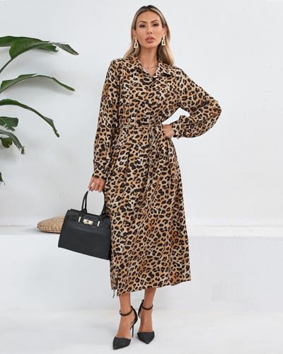 Women's Leopard Printed Maxi Dress Long Sleeve Button Down Shirt Dresses with Belt2