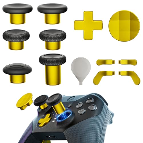 Image of 14-in-1 Controller Accessories Kit Compatible with Xbox Elite Series 2, 6 Premium Metal Thumbsticks, Swap Joysticks, 4 Interchangeable Paddles, 2 D-Pads, 1 Tool & 1 Storage Bag (Bright Gold)