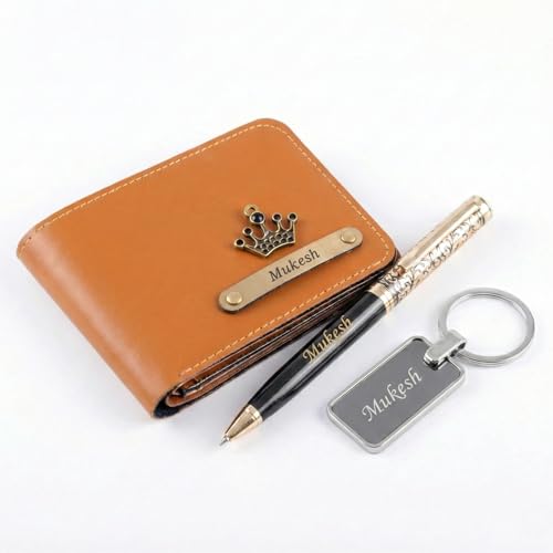 Image of Personalized Name Wallet, Pen & Keychain Combo for Men (TAN) | Customised Mens Wallet Name Engraved with Charm | Customized Corporate Gift Set for Office | Personalised for Husband, Boys