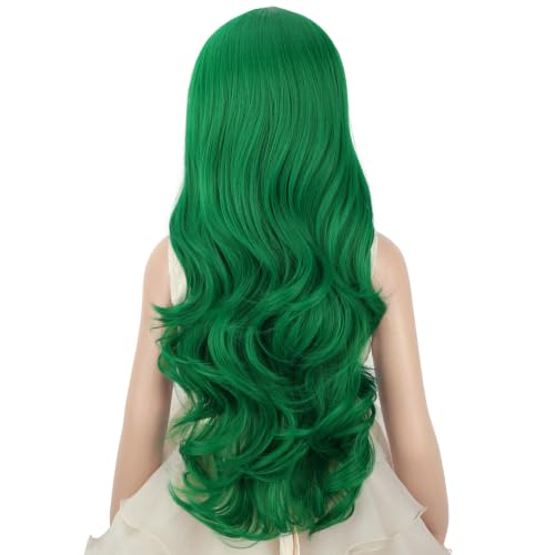 Image of PATTNIUM Green Wig for Girls Kids Long Curly Wavy Green Wigs Middle Part Hair Heat Resistant Synthetic Hair Wig with Wigs Cap