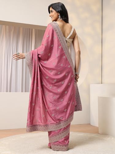 Image of Libas Embellished Satin Saree for Women With Unstitched Blouse Piece | Traditional Saree for Party & Wedding