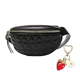 Fanny Packs for Women Crossbody Belt Bag Black Fashion Waist Purse Cute Cross Body Bumbag with Strawberry Keychain Charm Gift(Black Waist Bag)