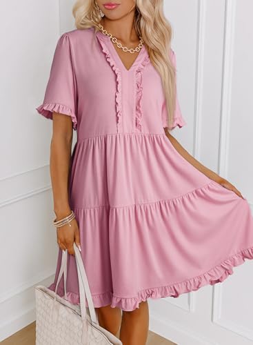 Image of Dokotoo Womens Summer Dresses 2026 V Neck A Line Short Sleeve Casual Ruffle Babydoll Mini Dress