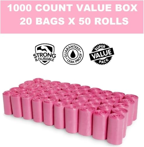 Image of EZ Pick Up Pet Dog Bags - 1000 Count Waste Bags, Puppy Pick Up Bag, Doggy Walking Clean Up (Pink, Black, Blue) (Pink)