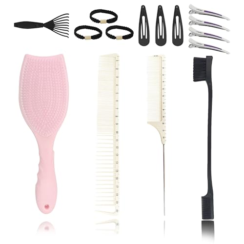 Homfu Hair Brush Set, Professional Styling Tools with Combs and Accessories, Pink, Gift Box Included (Pink Brush+Black Brush)