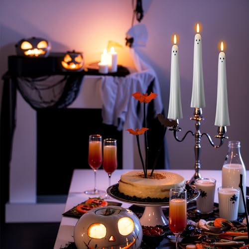 Image of Halloween Ghost Flameless Taper Candles Flickering Battery Operated with Remote and Timer 3D Wick White Real Wax LED Taper Candles Halloween Dinner Decoration Indoor(2 Pack, 0.79 inchD x 9.5 inchH)