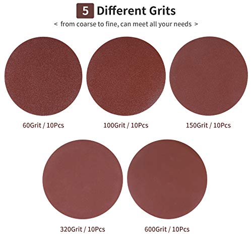 150mm Exzenter Schleifpapier 60 100 150 320 600 Körnung, 150mm Schleifscheiben 6 inch Schleifblätter für Holzwerkstoffe Spanplatte Metall Holz(50 Stück)