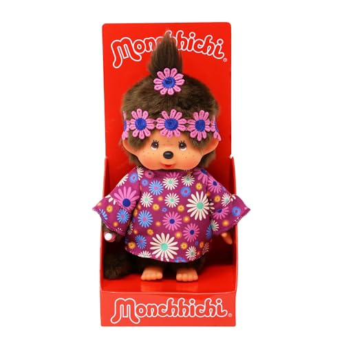 Sekiguchi 252893 - Original Monchhichi Fille Flower Power en Violet et Bleu, Animal en Peluche Brun d'environ 20 cm