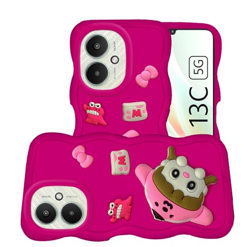 Image of AESTMO Back Case Cover for Redmi 13C 5G / Poco M6 5G | 3D Cute Fun Cartoon Characters | Anti Slip Grip Cute Wave Curly Frame Shape | Back Cover for Redmi 13C 5G / Poco M6 5G | (Pink)