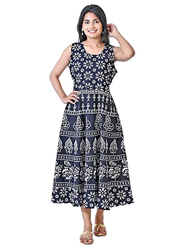 Image of Women's Cotton Printed Traditional Long Midi Maxi Kurti /One Piece Dress (Black Flower)