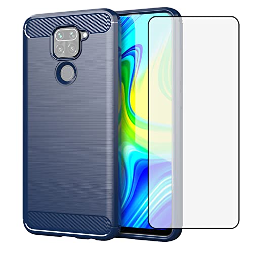 Asuwish Compatible with Xiaomi Redmi Note 9 / Redmi 10X 4G Phone Case and Tempered Glass Screen Protector with Shockproof Soft Slim Silicone Carbon Fiber Redme Note9/X10 for Women Men Blue