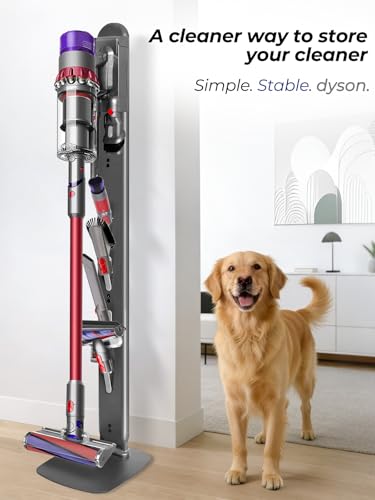 Image of Sturdy Metal Vacuum Stand for Dyson V16 Gen5 V15 V12 V11 V10 V8 V7 V6 , Freestanding Standing Holder w /Hidden Cable Design & 4 Hooks, Space-Saving Storage Rack for Cordless Vacuums, Deep Gray