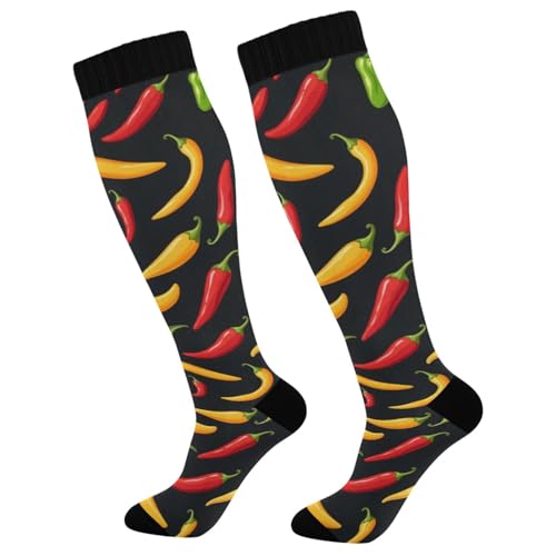 Pigsaly Hot Pepper Chilli Women's Compression Socks Spicy Vegetables Athletic Tube Sock Unisex Casual Knee High Socks Outdoor Sport Socks For Running Hiking Travel