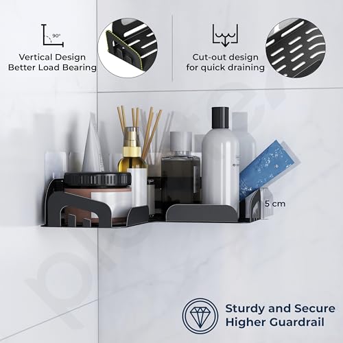 Image of Plantex Self Adhesive Corner Shelf for Bathroom Wall /Stainless Steel Wall Mounted Corner Bathroom Shelf-Pack of 2 (10x10 Inch, Black)