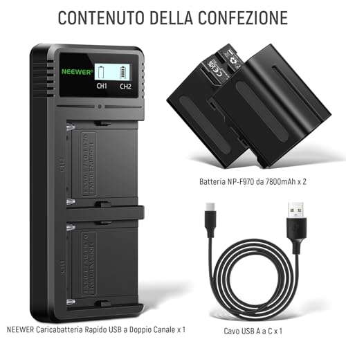 NEEWER NP-F970 Battery Ersatzakku mit LCD Schnellladegerät Dual USB C Akku für Sony FX3/FX30/A7, für Canon R5, für Nikon Z8, Handycam, LED Videoleuchte Monitor, motorisierter Schieber, 2 Stück