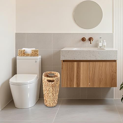Image of Wicker Trash Can and Rectangle Napkin Holder, Guest Towel Holder,4 Gallon Water Hyacinth Bathroom Trash Can, Handwoven Napkin Holder, Narrow Small Waste Basket, Rustic Decorative Home and Office Set