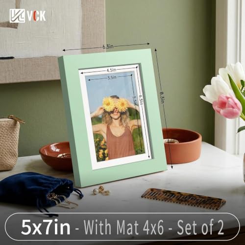 Image of VCK 5x7 Picture Frame 2 Pack, Green Wood, 4x6 Mat, Glass, for Photo Print