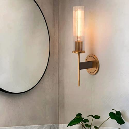 Jiuzhuo Modern Minimalist Single Wall Light Cylinder Clear Ribbed Glass Shade 1 Light Wall Sconces Lamp In Gold&Black,Dimmable #TOP1