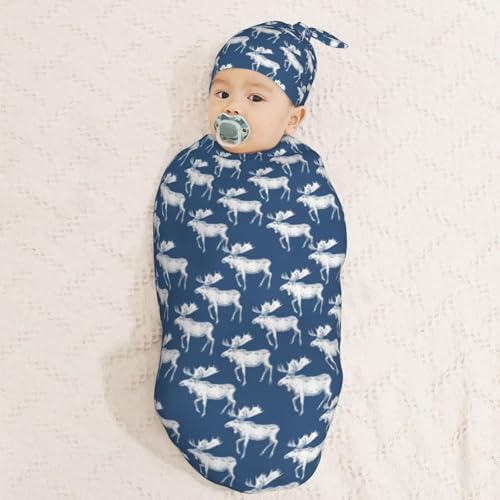Image of Painting Mooses Newborn Swaddle Blankets Hat Sets Soft Baby Receiving Blanket Swaddle Sack for Baby Shower Infant Boy Girl Gift