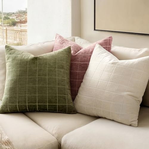 Image of MIULEE Olive Green Plaid Decorative Throw Pillow Covers 18x18 Set of 2 | Vintage Check Chenille Couch Pillows Neutral Boho Farmhouse Cushion Covers Modern Home Decor for Sofa Bed Living Room