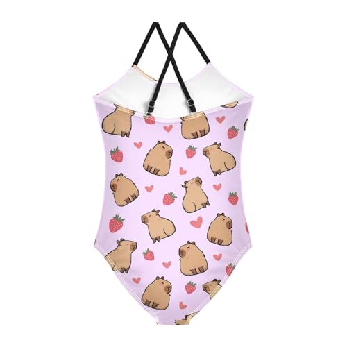 Girls One Piece Swimsuits Cute Capybara with Strawberry Hearts Purple Cute Swimwear Bathing Suits 3-10T2