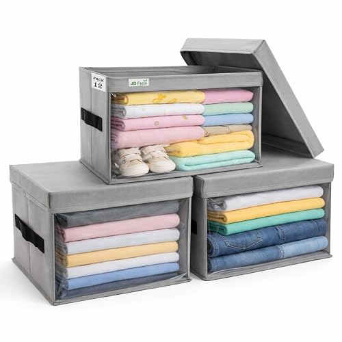 Image of JD Fresh Foldable Cloth Cover Storage Box With Lid /Wardrobe Clothes Organizer /Storage Basket /Space Saving Storage /Collapsible Clothes Organizer /Cupboard Storage Box for Shirts, Pants (Grey Pack of 12)