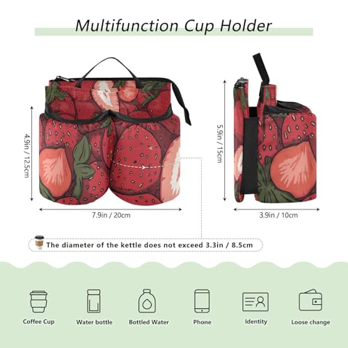 Image of Luggage Cup Holder for Suitcases Free Hands Suitcase Cup Holder Travel Luggage Drink Holder Portable Luggage Cup Caddy Bag Carrier with Handle Cartoon Red Strawberry
