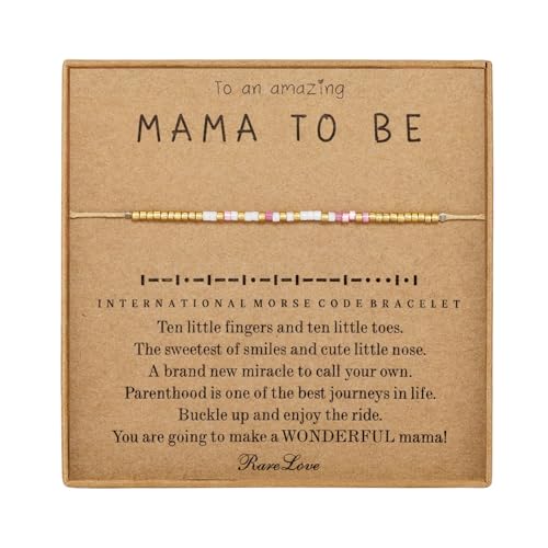 RareLove Mom to Be Gifts -First Mothers Day Gifts for New Mom Mama to be Morse Code Beaded Bracelets for Women Pink White Golden Pony Beads