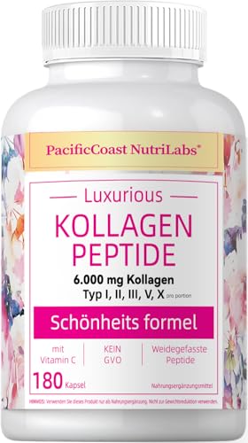Natural Hochdosiert Kollagen Kapseln Testsieger - 5000 mg Pro Portion, 3 Monate Vorrat, mit Vitamin C, Gentechnikfrei, Glutenfrei, mit Gras Gefüttert, für Haut, Haare, Knochen(180 Kapseln)