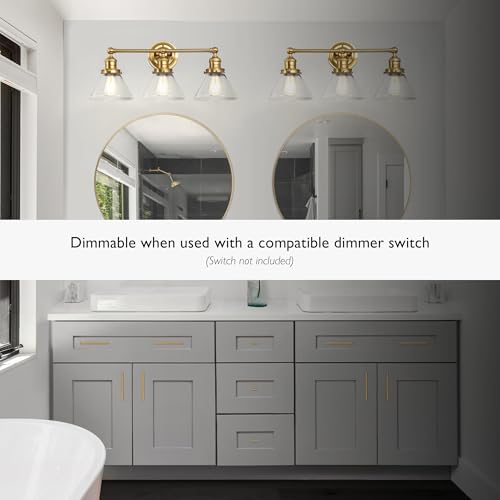 Image of Design House Augustin Vanity Light, 3-Light, Seeded Glass Warm Glow, Dimmable, Up /Down Glow, Easy Installation, E26 Socket, Satin Gold, 25.9 in L x 8.3 in D x 11.1 in H, 589036-SG