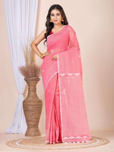 Image of Handloom Muslin Tissue Jamdani Cotton Silk Saree with Sequins Blouse