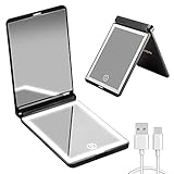 wobsion Travel Makeup Mirror, Rechargeable Lighted Compact Mirror,1x/3x Magnifying Mirror,300°Flip Folding Portable Mirror, 2-Sided Magnetic Switch Handheld Mirror,Dimmable,Gifts for Girls,Black
