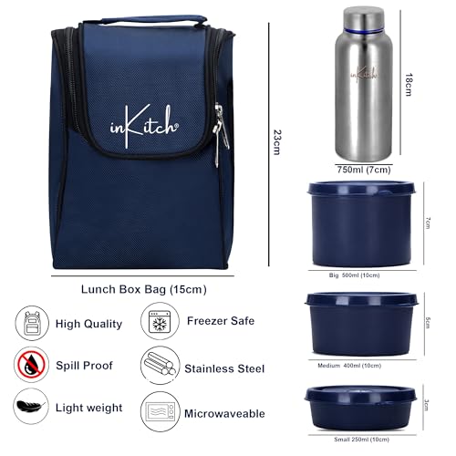 Image of Microwave Safe Lunch Box Set with Bag | 3 Stainless Steel Inner Containers & 1 Steel Bottle | Leakproof Tiffin Box for Office, College, School | Durable, Easy to Carry, Blue