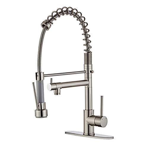 Kitchen Faucet with Pull Down Sprayer, YUNDOOM Kitchen Sink Faucets with Two Handles & High Arc, Brushed Nickel Pull Out Copper Single Level Solid Brass Kitchen Faucets for Sinks