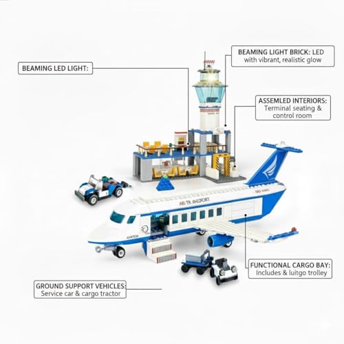 Image of SKY LINE OCEAN || City Airplane Building Kit || 518 +pcs || Airport Passenger Plane with|| led Lights in Radar Tower|| & Baggage Truck || (2 Year Structural Warranty)