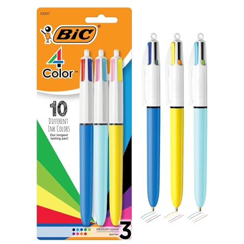 BIC 4-Color Retractable Ballpoint Pens, Medium Point, 1.0 mm, Assorted Ink Colors, Pack Of 3 Pens