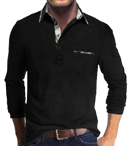Comilaka Poloshirt Herren Langarm Kontrastfarbe leichtes Langarmshirt mit Tasche Polo Klassisches Herbst Winter