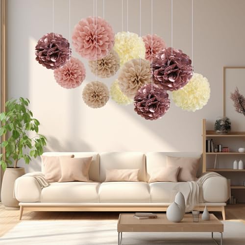 Image of 20 PCS Tissue Paper Pom Poms, Tissue Pom Poms Flowers, Sizes of 6 inch, 10 inch, 12 inch, 14 inch Hanging Paper Flower Ball for Wedding, Birthday, Baby Shower Party Decor (Ivory Brown Rose Gold Pink)