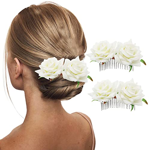 Kuuguu 3 Pcs Rose Hair Side Comb Flannelette Bride Hair,Wedding Hair Comb Rhinestone Flower Clip Headdress Crystal Bridal Hair Accessories (White) #TOP2