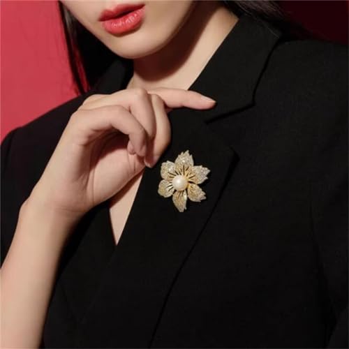 Image of Crystal Pearl Flower Brooch Bauhinia Rhinestone Lapel Pin Vintage Elegant Floral Pearl Badge Pin Clothing Accessory Jewelry Gift