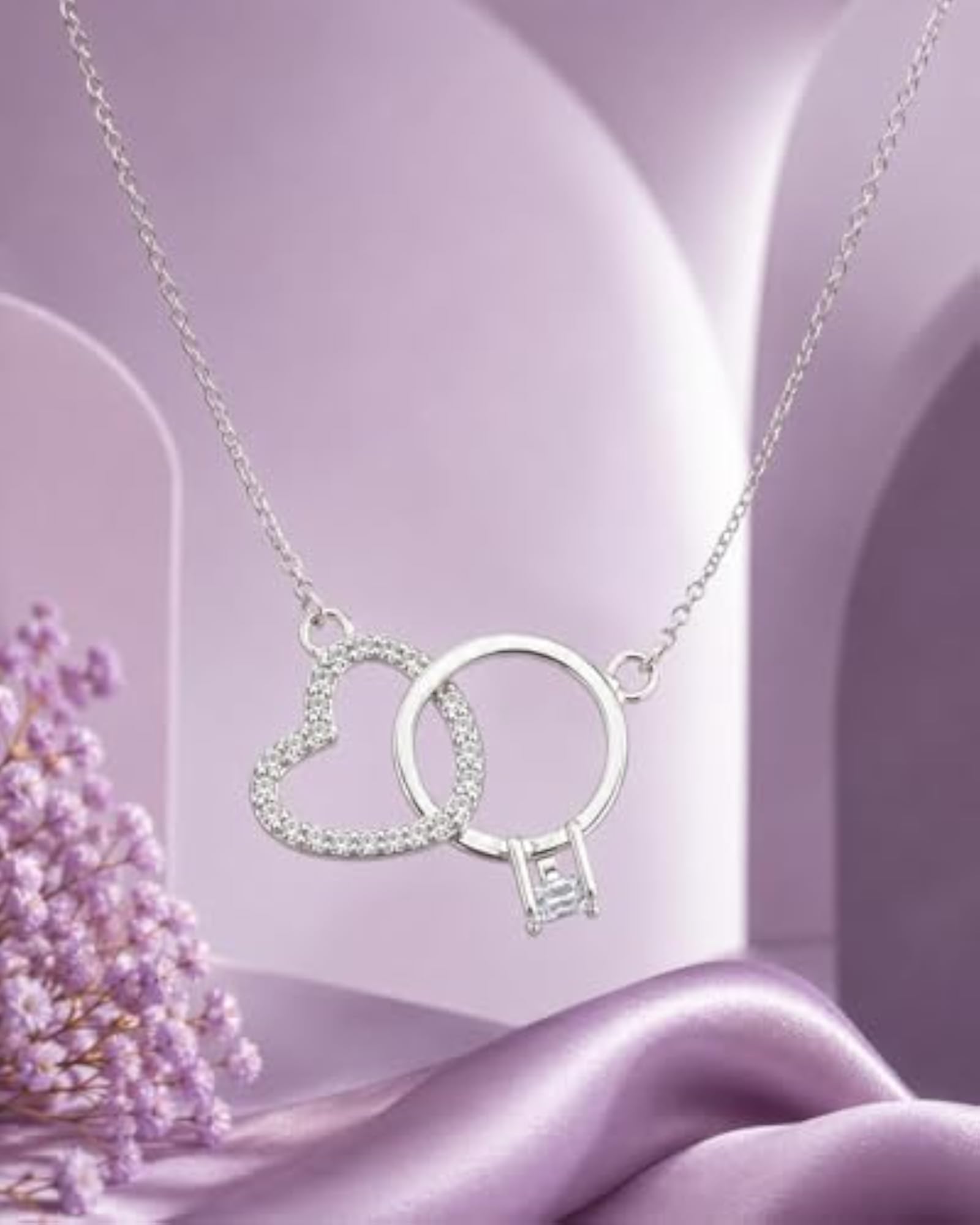 925 Silver Commitment Necklace, Interlocking Heart & Solitaire Ring