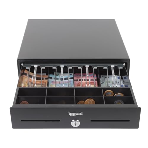 iggual Cajón Portamonesas IRON‑XS Mini. Caja Efectivo Registradora TPV Manual o Automática RJ11(12V).De acero reforzado e interior de ABS. 4 Billetes + 8 Monedas. Diseño Compacto.(33X33X9) cm. Negro.