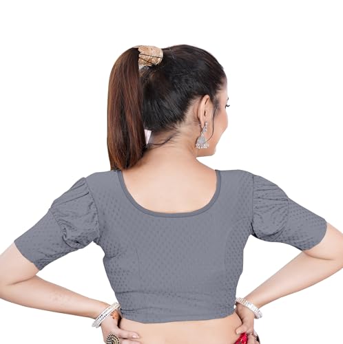 Image of Women's Black Embroidered Crop Top with Short Puff Sleeves, Scoop Neck