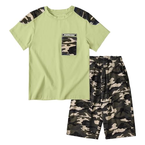 LOLANTA Boys Summer Clothes Kids Casual 2 Piece Outfit Cotton T-Shirt Camouflage Shorts Set(Green,6-7)