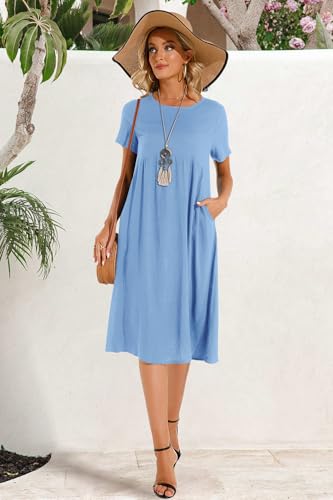 Lpecmin Womens Summer Dresses Casual Short Sleeve Round Neck Midi A Line Cotton Linen Sundress with Pockets(Blue-01, X-Large) - Image 4