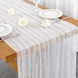 RhiVrillion Camino de Mesa Tul Perlas 80x300 cm – Blanco Camino de Mesa de Tul con Flor de Perlas – Mantel de Tul para Boda, Cumpleaños, Decoración Cocina Interior