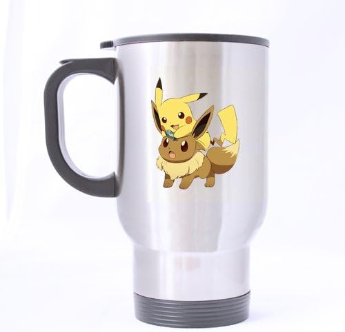 Japan Anime Cartoon Pokemon Cute Pikachu and Eevee Custom Travel Mug Sport Bottle Cup 14 OZ Office Home Cup (Printed on two sides)