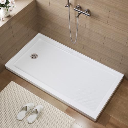Image of HOROW 60 inch x 32 inch Shower Base, Left Drain Shower Pan, Low Profile Acrylic Base with Reinforced Fiberglass, Non-Slip Surface, Stainless Steel Drain Cover, Leak-Resistant for Bathroom